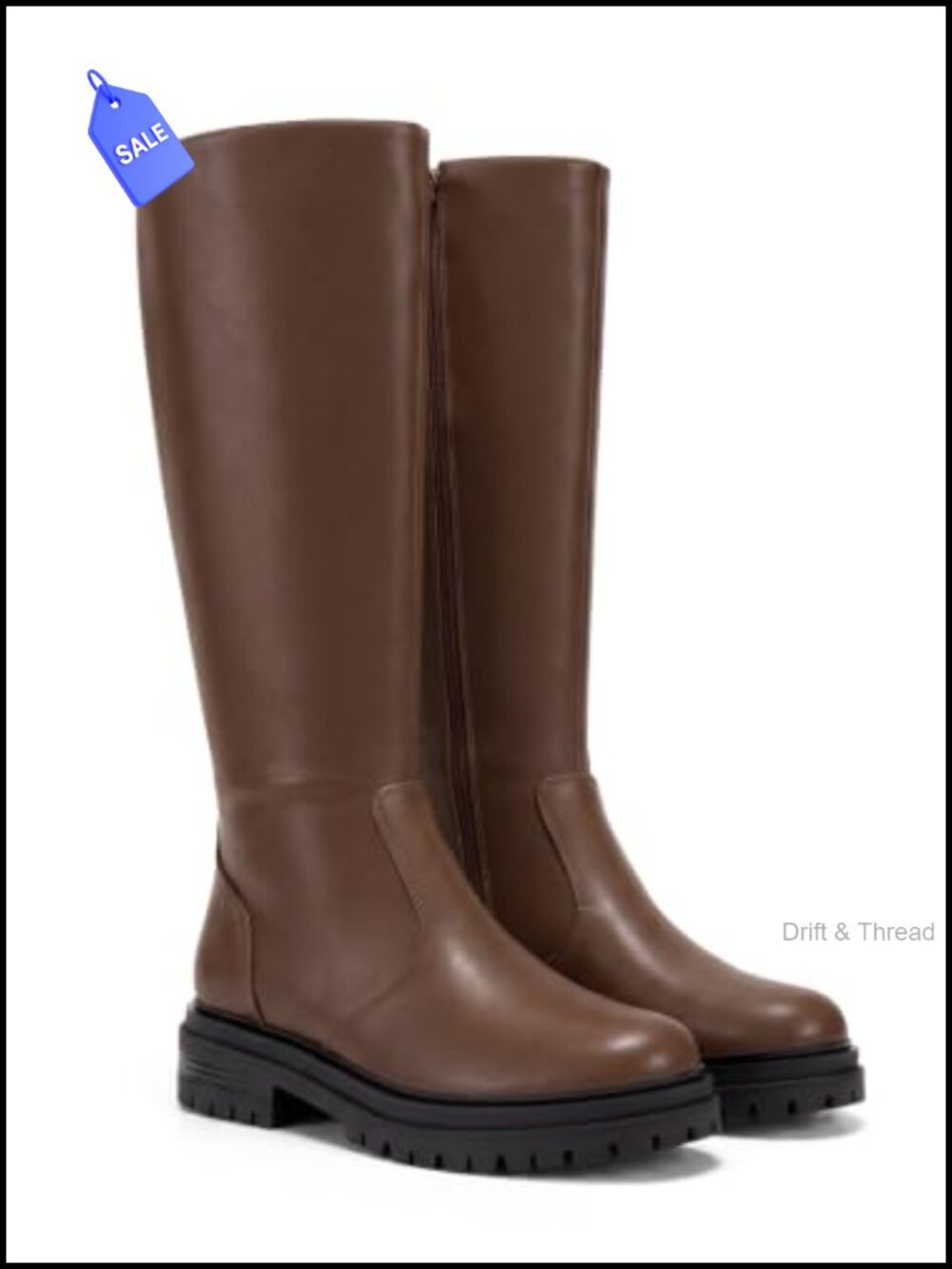 Knee High Boots Platform Chunky Low Heel Lug Sole Zip Faux Leather